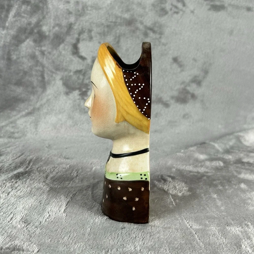 Vintage Ceramic Lady Head Wall Pocket Vase Planter Blonde Woman Polka Dot Dress
